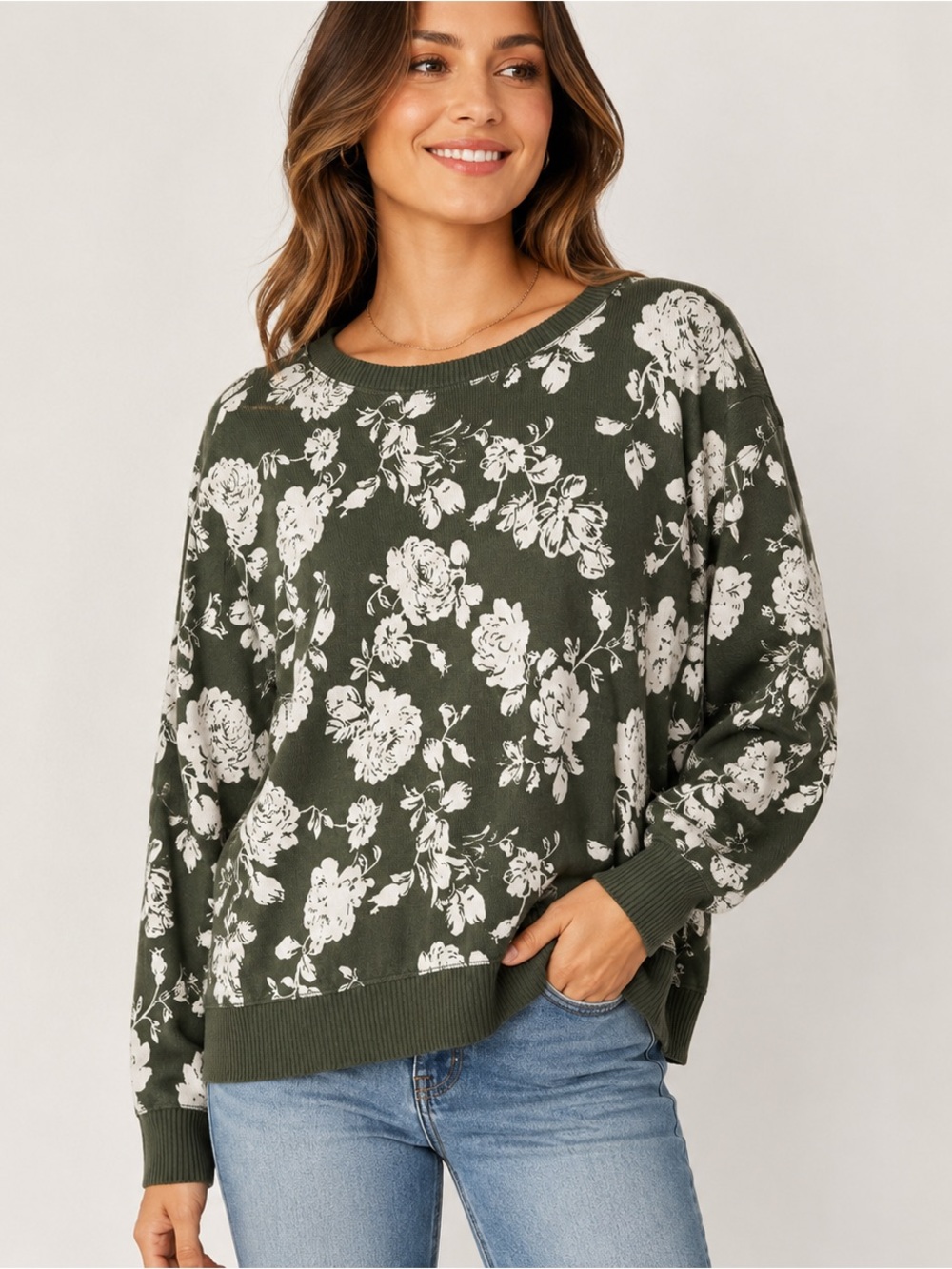 Honeydew Floral Sweater  Olive Green & Ivory  Large